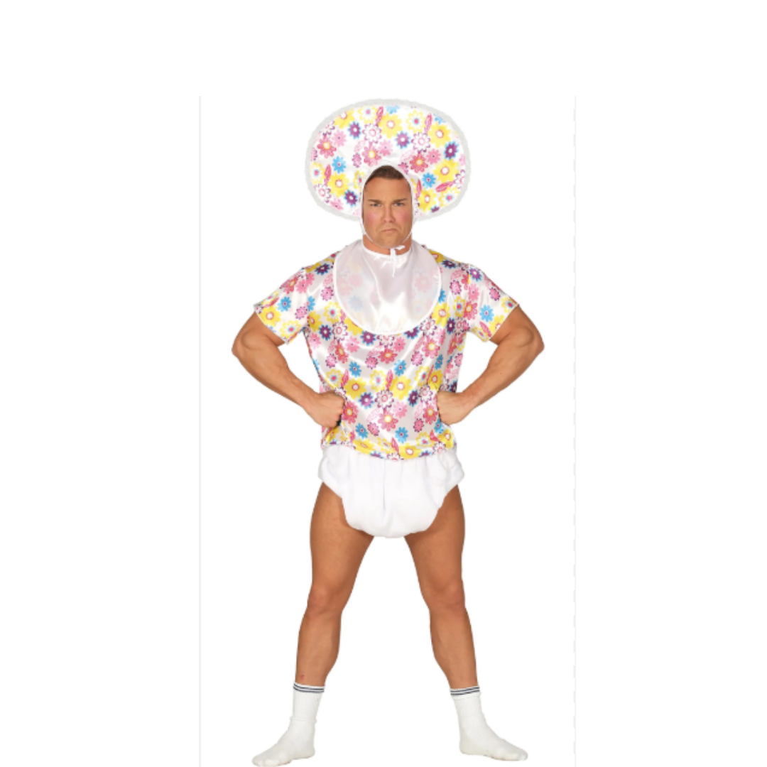 Image of adult man dressed as baby to display an immature man